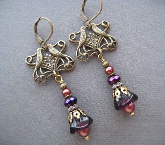 Lovebird Earrings Art Nouveau Earrings by SilverTrumpetJewelry