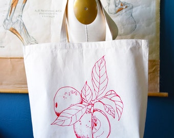 Recycled Cotton Canvas Tote Bag - Screen Printed Grocery Bag - Eco Friendly Shopper Tote - Large Tote - Farmers Market - Apple - Produce bag