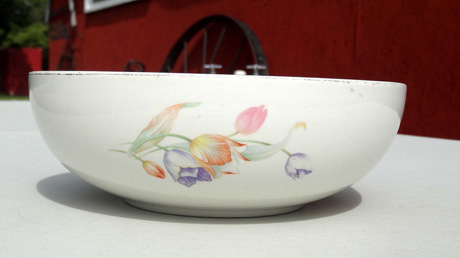 Hall Pottery White Serving Bowl Pottery Made in the USA Tulips