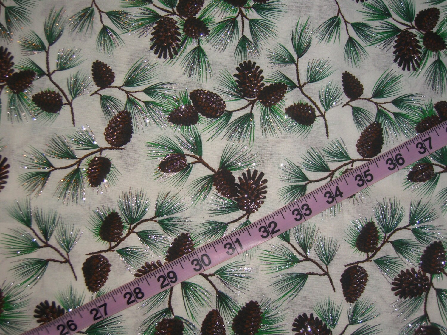Christmas fabric with pine cones pinecone trees glitter cotton