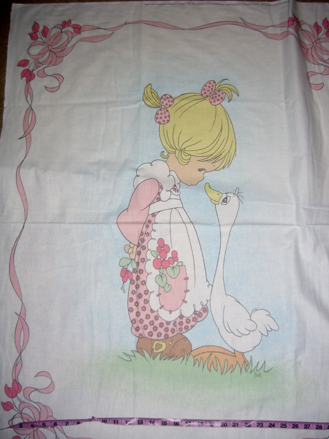 Precious Moments fabric panel girl goose ribbon flower cotton