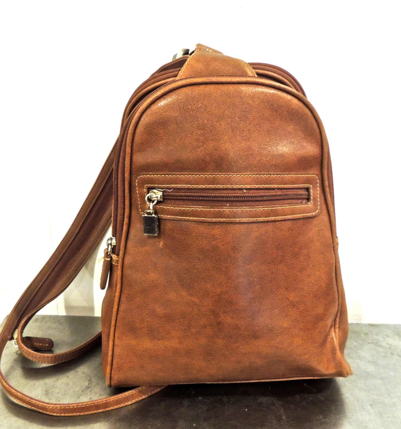 vintage leather backpack purse early 90s caramel by mkmack