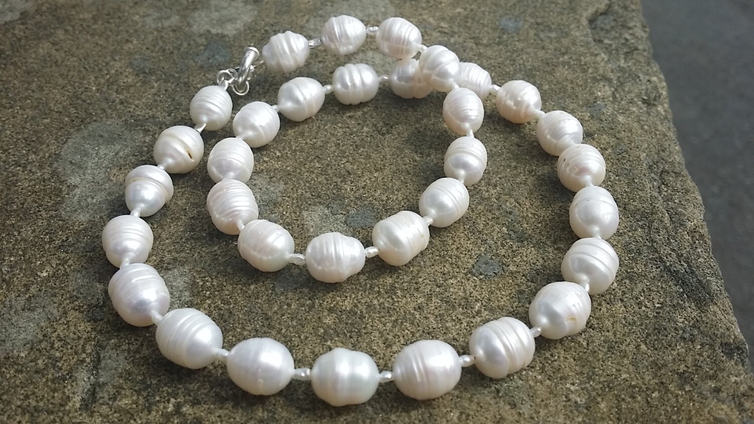Ringed Pearl Necklace Organic White Cultured Wedding Pearls