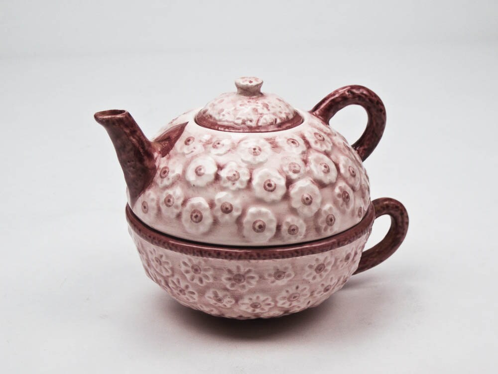 Tea for One Teapot Tea Cup Set Glazed Pottery in Mauve and