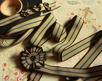 2 yards vintage rayon cotton faille grosgrain striped ribbon trim ribbonwork cocarde black blue gold millinery hat doll dressing 1.25" wide