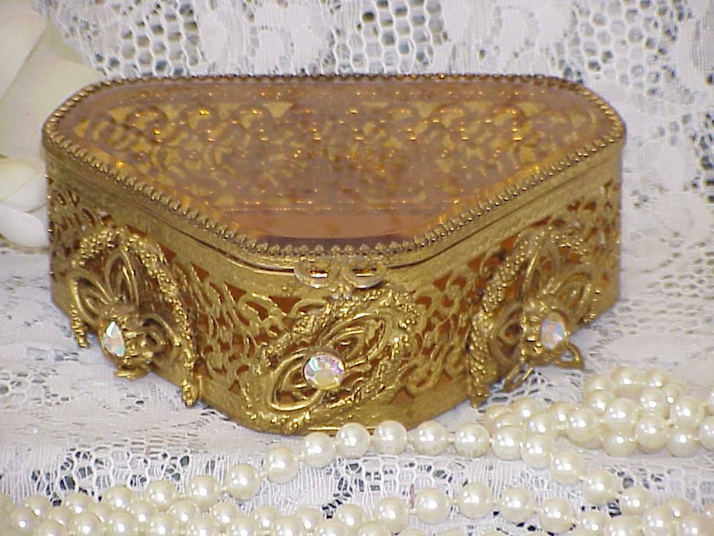 Large Vintage Gold Filigree Jweled Triangle Jewelry Box Haute Juice