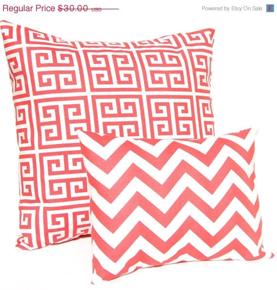 SALE Coral Throw Pillow Covers Greek Key and by FestiveHomeDecor