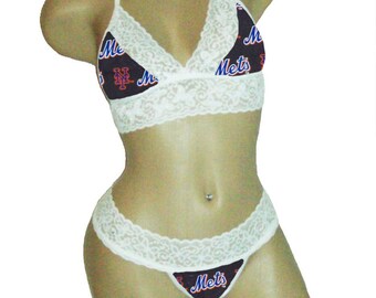 Sexy New York Mets Lingerie White Lace Cami Bralette Top and Matching G-String Panty Thong CUSTOM Sizing