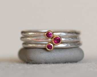 Tiny Ruby Ring Set - 18k Gold and Silver Stack Rings - Set of 3 Ruby Stack Rings - Eco-Friendly Recycled