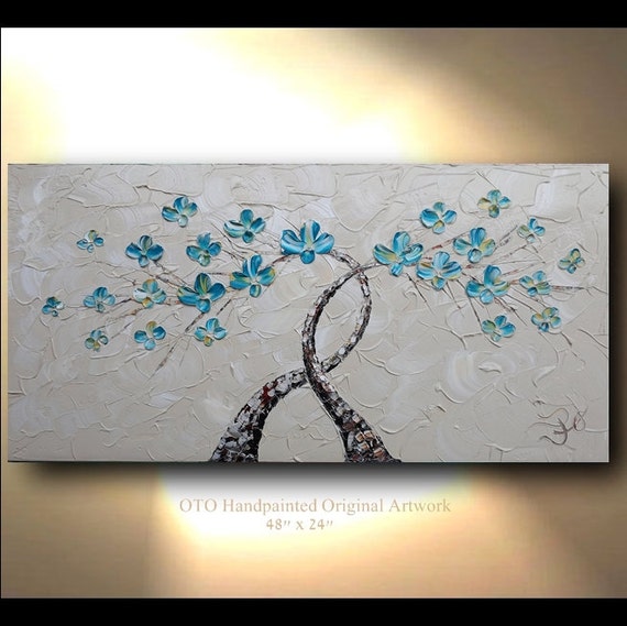 Tree Painting Wall artTaupe Teal Blue Flower by tjenkinsarts