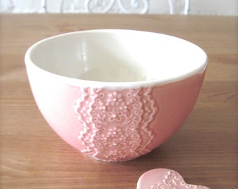 Handmade Shiny Pink Porcelain Lace Bowl with Heart Lace Cutlery Rest Set -Hideminy Lace Series