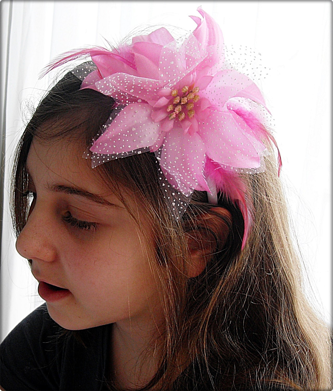 Pink Flower headband Little girl pink headband big girl pink