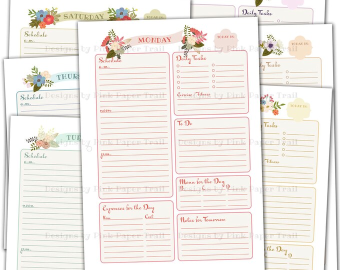Shabby Chic Floral Daily Planner - Letter (8.5x11") size - Back to Back Printable - Instant Download