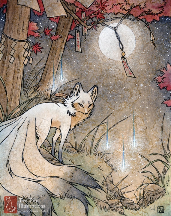 Fox And Wisps / Kitsune Fox Spirit Yokai / Japanese Style Art