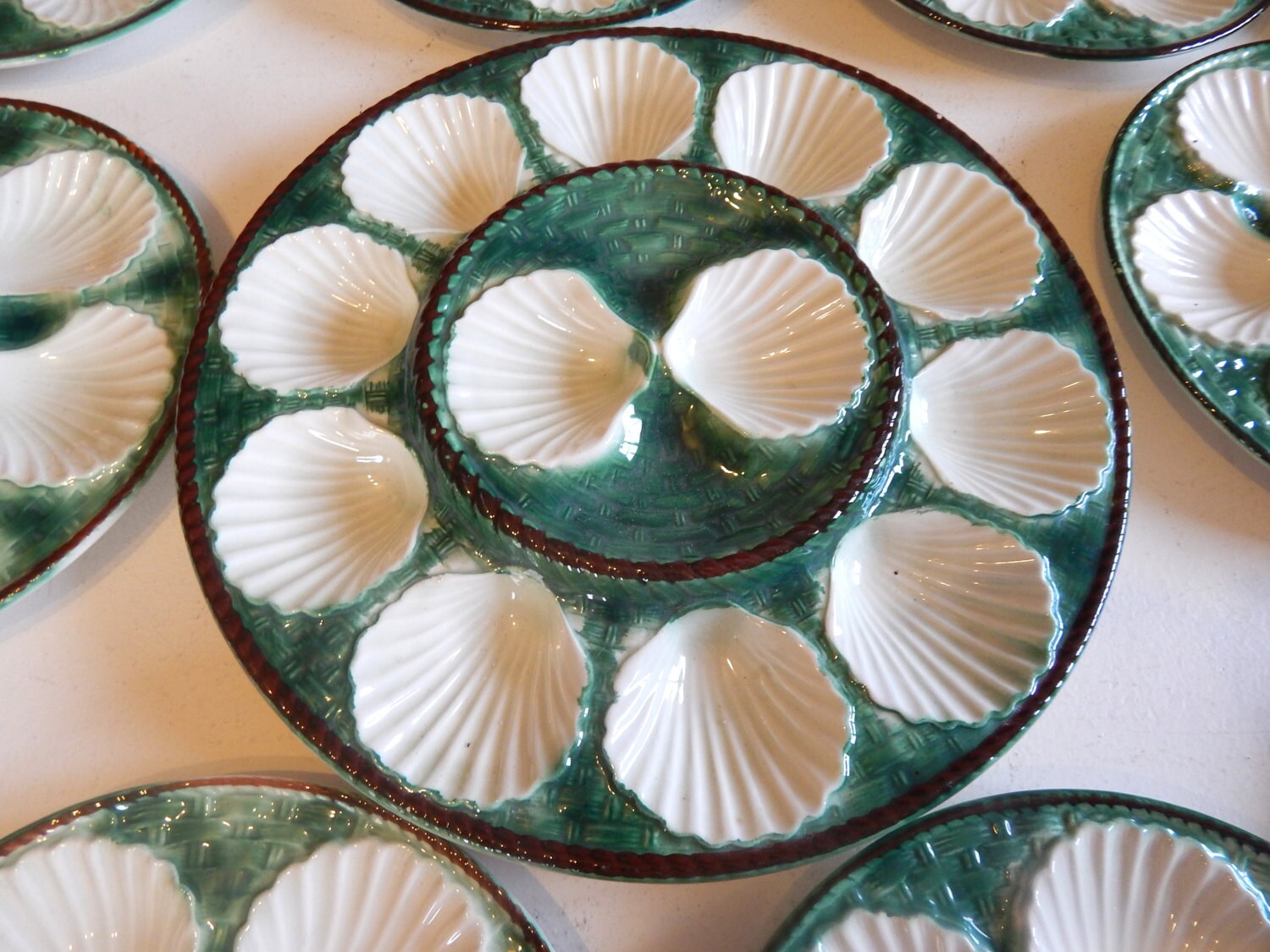 12 French Vintage Oyster Plates and Platter Rare Set of 13 in Barbotine