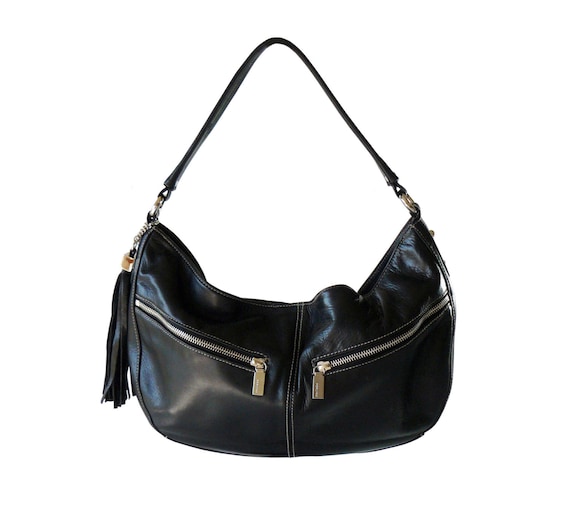 Perlina Black Leather Pocket Tassel Hobo Shouder Bag by belmodo