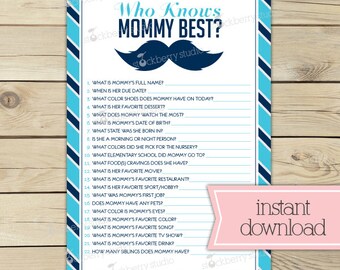 Little Man Baby Shower Who Knows Mommy's Best Game Printable - Mustache Baby Shower Game - Instant Download - Blue Navy Blue