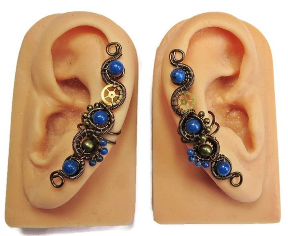 Lapis Lazuli & Bronze Steampunk Ear Cuffs - Steampunk Jewelry by HeatherJordanJewelry steampunk buy now online