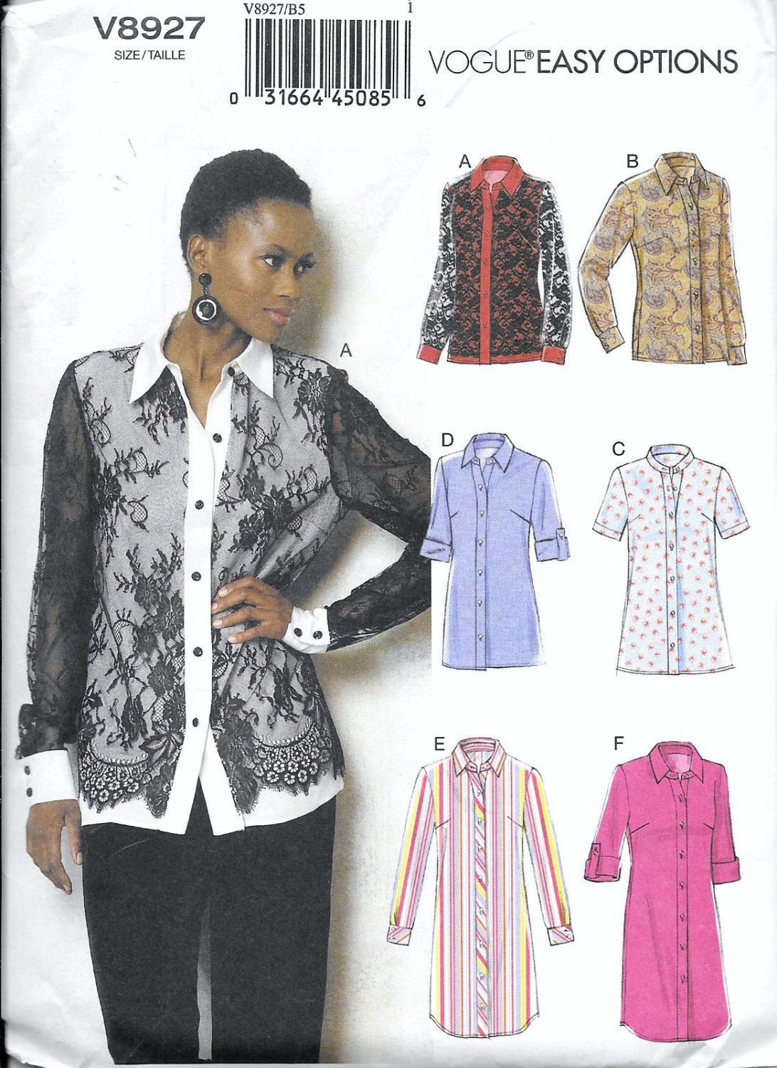  Vogue  8927 Easy Options Botton Down Shirt  Top Blouse Sewing