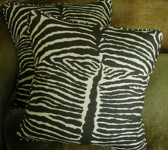 Brunschwig & Fils Linen Fabric Custom Designer Throw Pillows Le Zebre Brown Pair