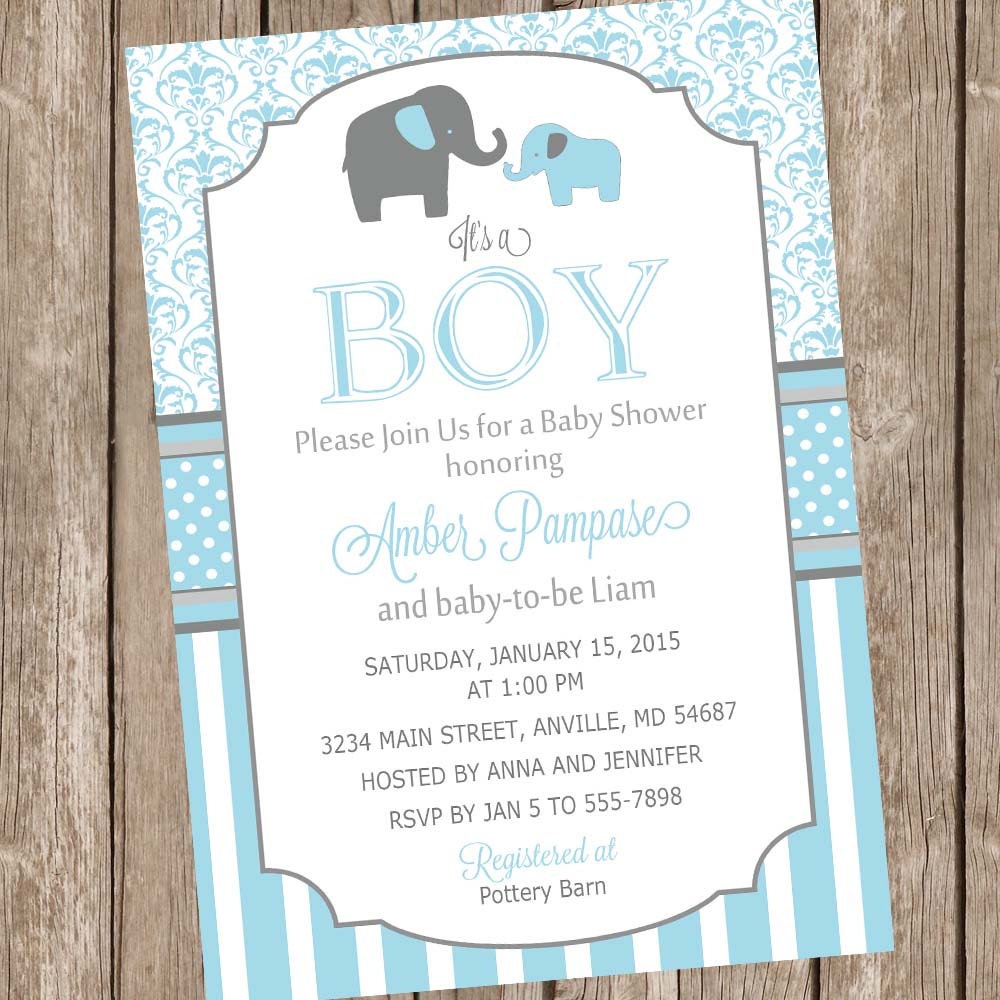 Blue And Gray Elephant Baby Shower Invitations 8