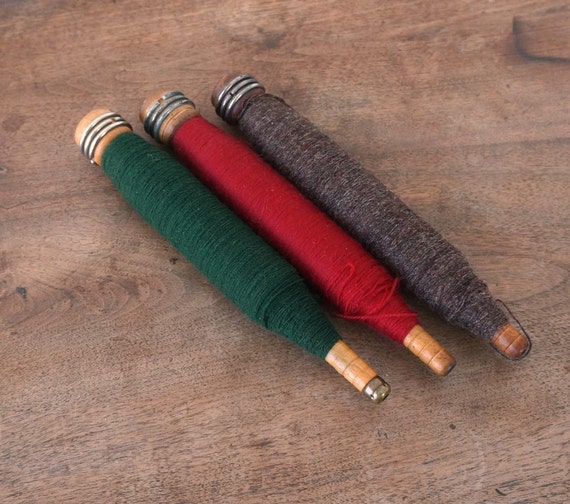 Vintage Wooden Bobbins with Thread set of 3 Antique by NobleEarth
