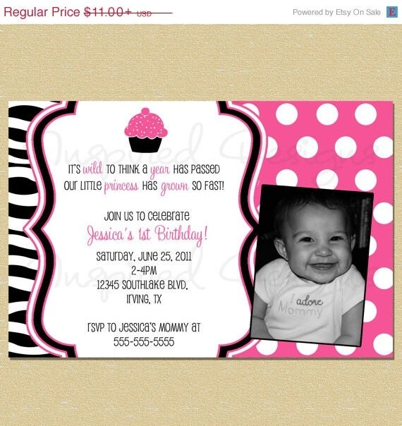 ON SALE Hot Pink & Zebra Cupcake Birthday Girl Invitation Any Age Il_570xn