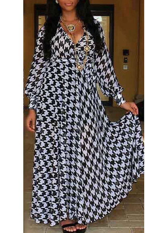 Gorgeous/Sexy V Neck Houndstooth Print Maxi Dress by MissLindaShop