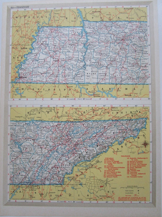 1952 TENNESSEE Railroad Map. Nashville Chattanooga and St