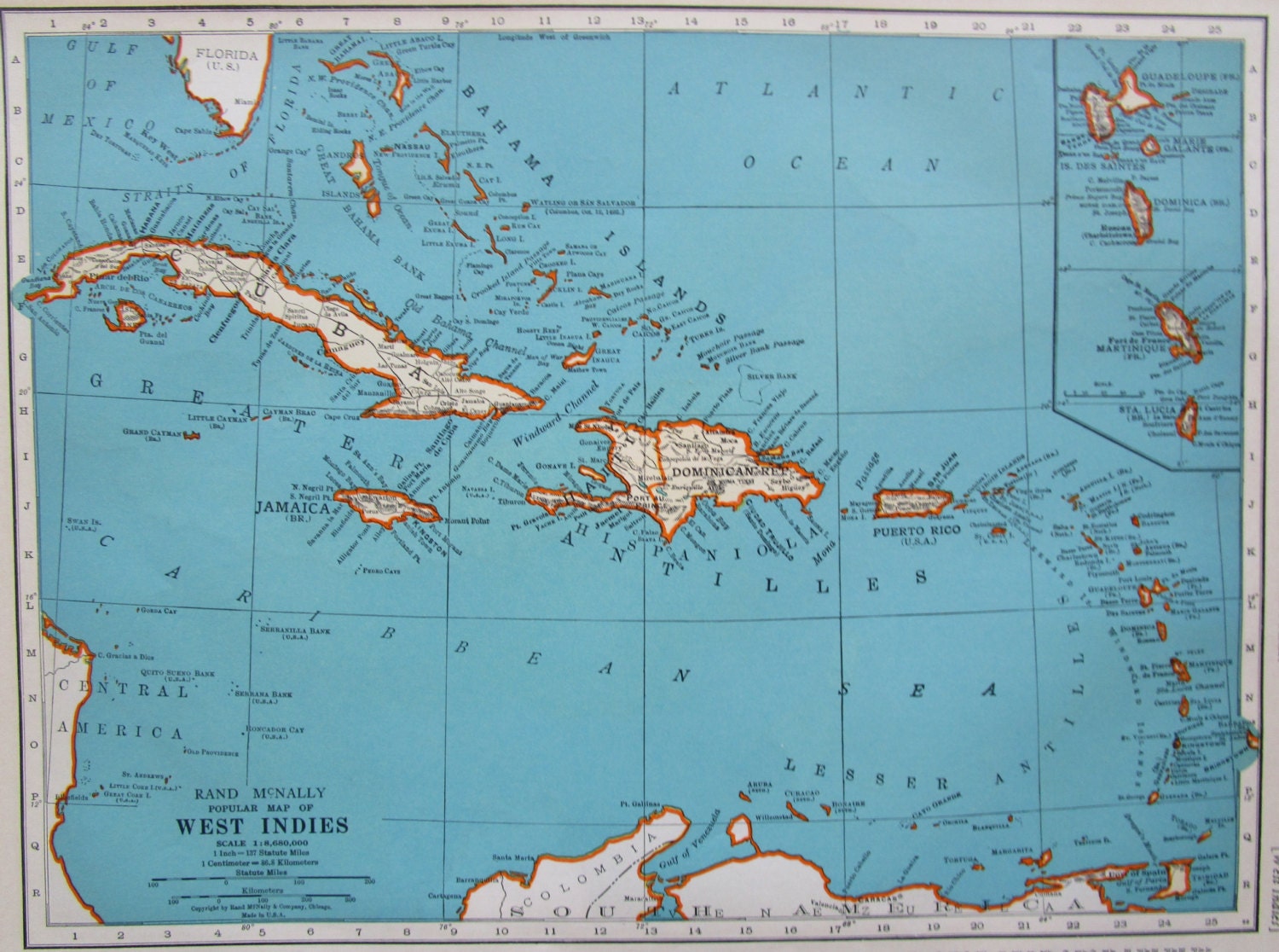 1939 CARIBBEAN Map. Jamaica Virgin Islands. Puerto Rico St