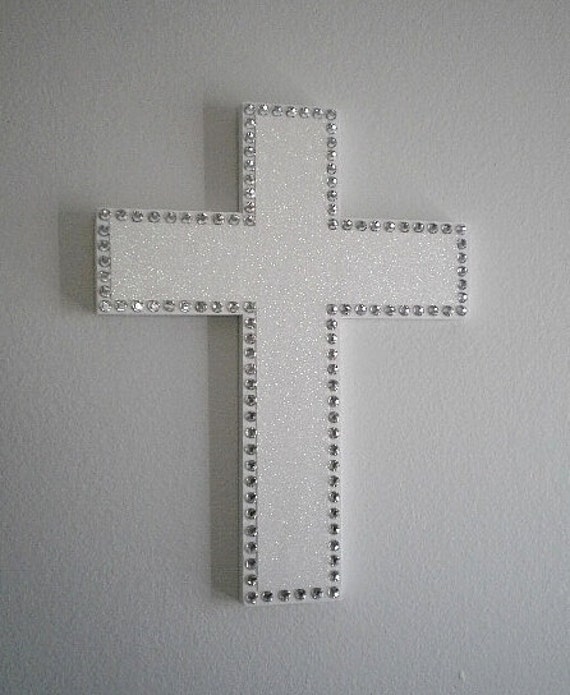 WHITE GLITTER & BLING Wall Cross Sparkling by LaurieBCreations