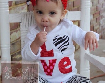 Baby Girl Valentine Outfit SET -- Little Diva Valentine -- Over the Top Bow, Leg Warmers and Zebra Love Bodysuit