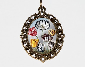 Tulip Necklace, Botanical, Flower Jewelry, Spring Tulips, Springtime, Bronze Oval Pendant