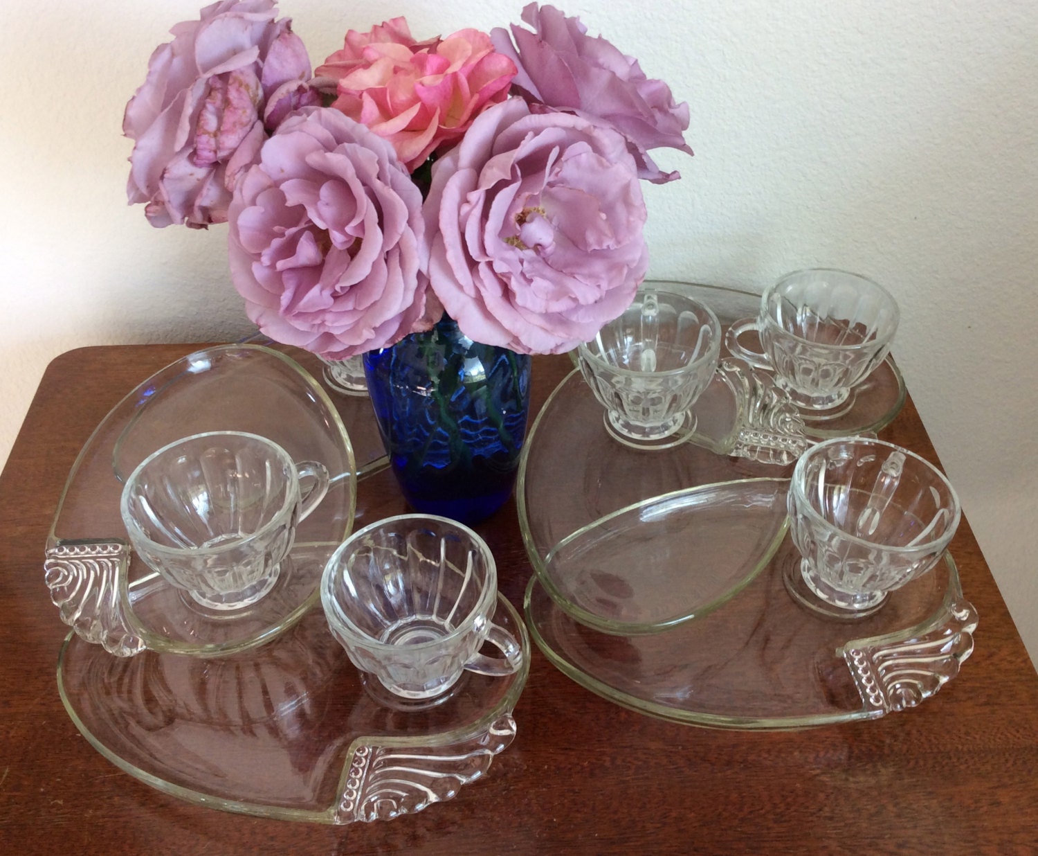 Glass Snack set1960sMatching Plates Tea CupsServing glass setTea party Swirl designmid