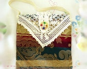 Small Handbag, Makeup Bag, Purse, Evening Bag, DAMASK STRIPE, Vtg. Crochet, Primitive Cloth Handmade CharlotteStyle Decorative Folk Art