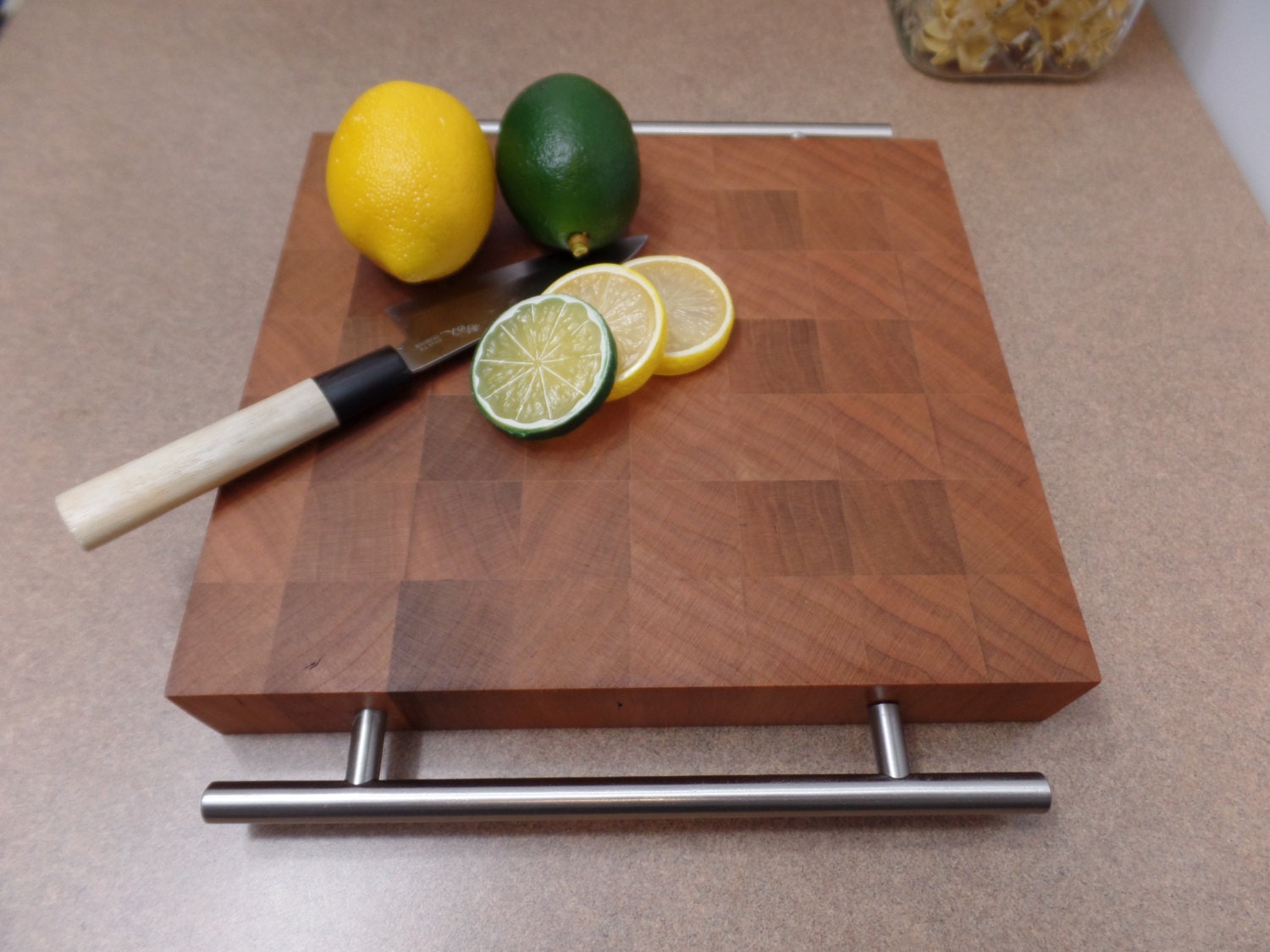 Cherry Butcher Block Cutting Board With Stainless Handles 