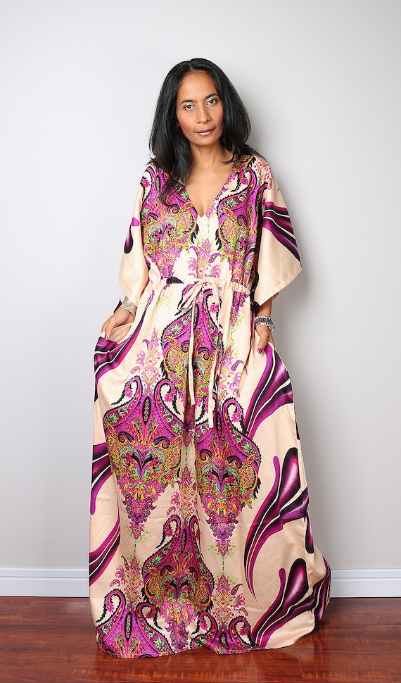 Boho Maxi Dress / Caftan Long Summer Gown with Flower Print