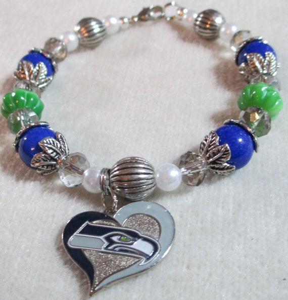 Seattle Seahawks Heart Charm Bracelet Navy Green and Grey