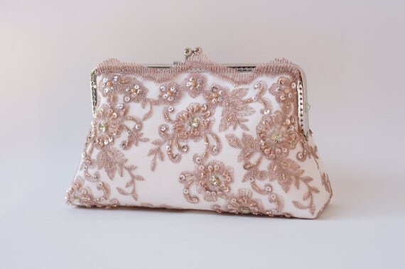 Rose Gold Lace Silk Clutch, Vintage inspired , wedding bag, bridesmaid ...