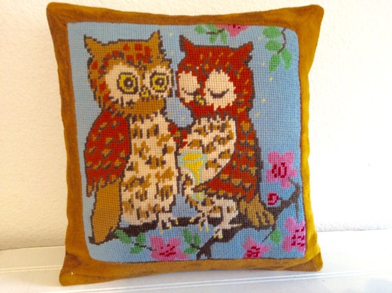 Midcentury Owl Throw Pillow Needlepoint Woodland by mushroommary