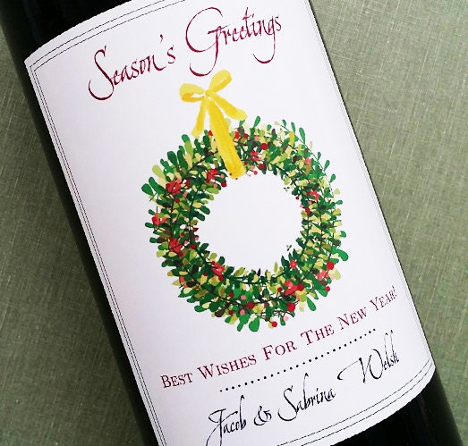 Holiday Wine Labels - Personalized Christmas Labels - Holiday Wreath - Corporate Gift