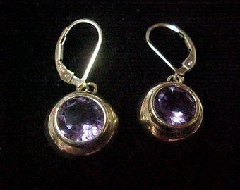 Pair of Vintage Amethyst Earrings, Faceted, 4 Carat Total Weight, 8MM, 14K Yellow Gold, Gold Leverbacks