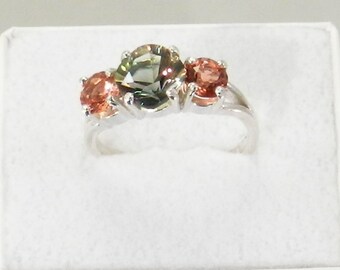 Oregon Sunstone Ring Green and Red 3 stone. #304