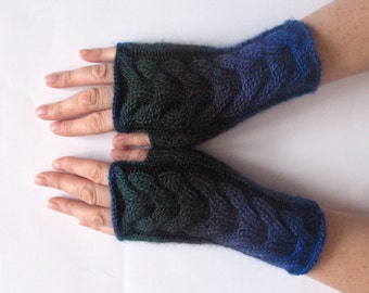 Fingerless Gloves Dark Blue Green Black Arm Warmers Knit Soft