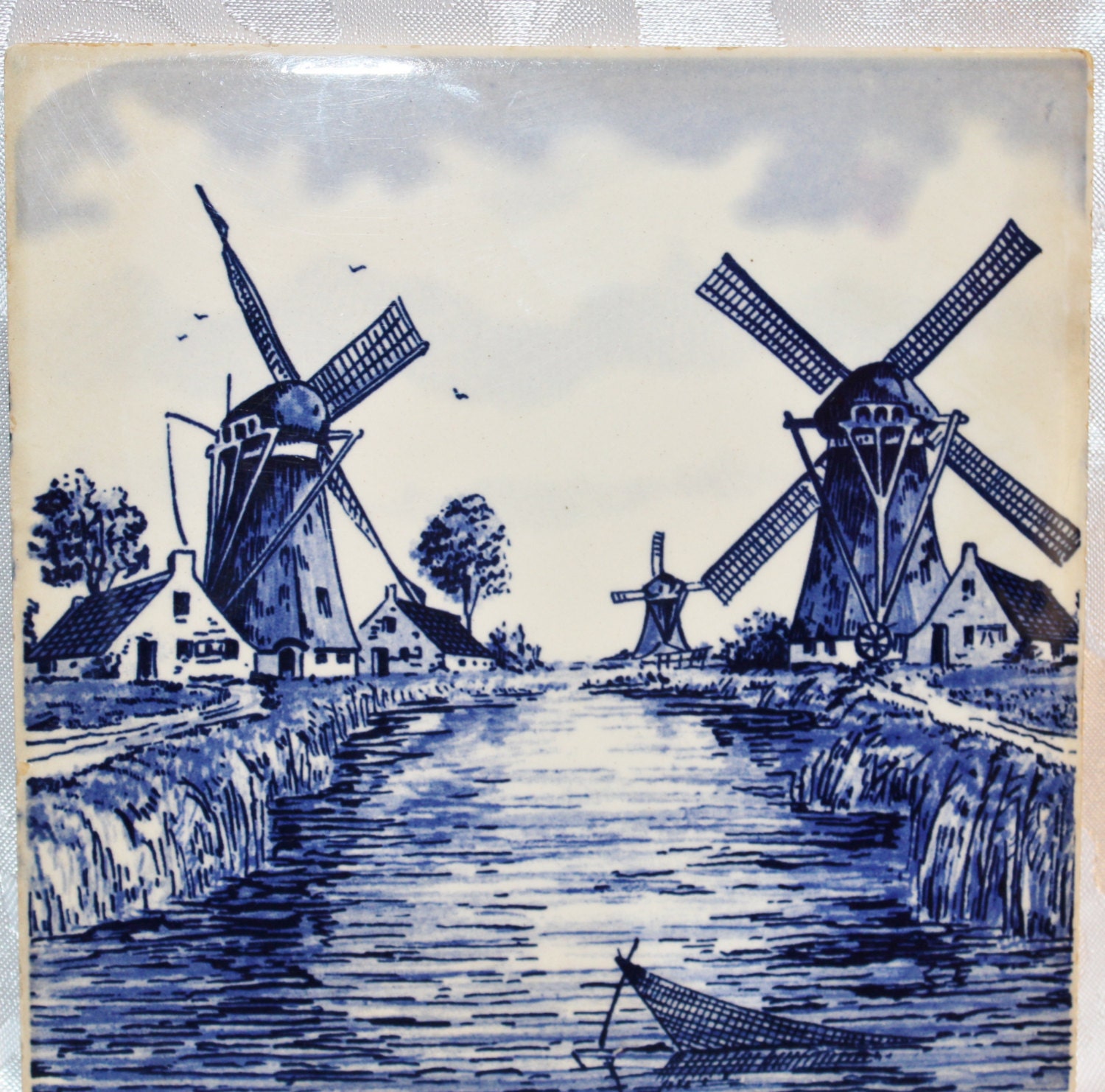 Vintage Dutch Delft Blue Handpainted Windmill Tile Holland