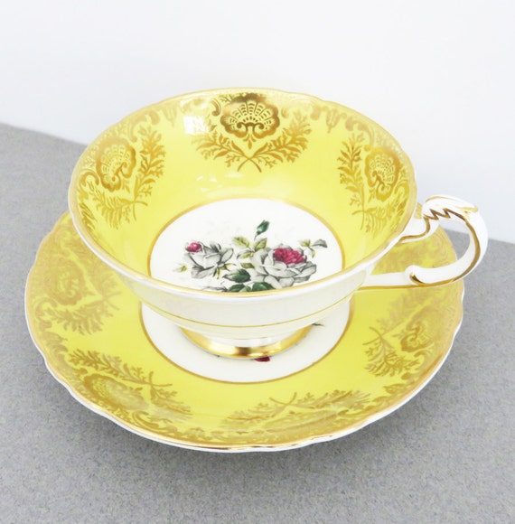 saucer tea gray  cup saucer Paragon with and cup  gold vintage  tea yellow roses and paragon and VIntage