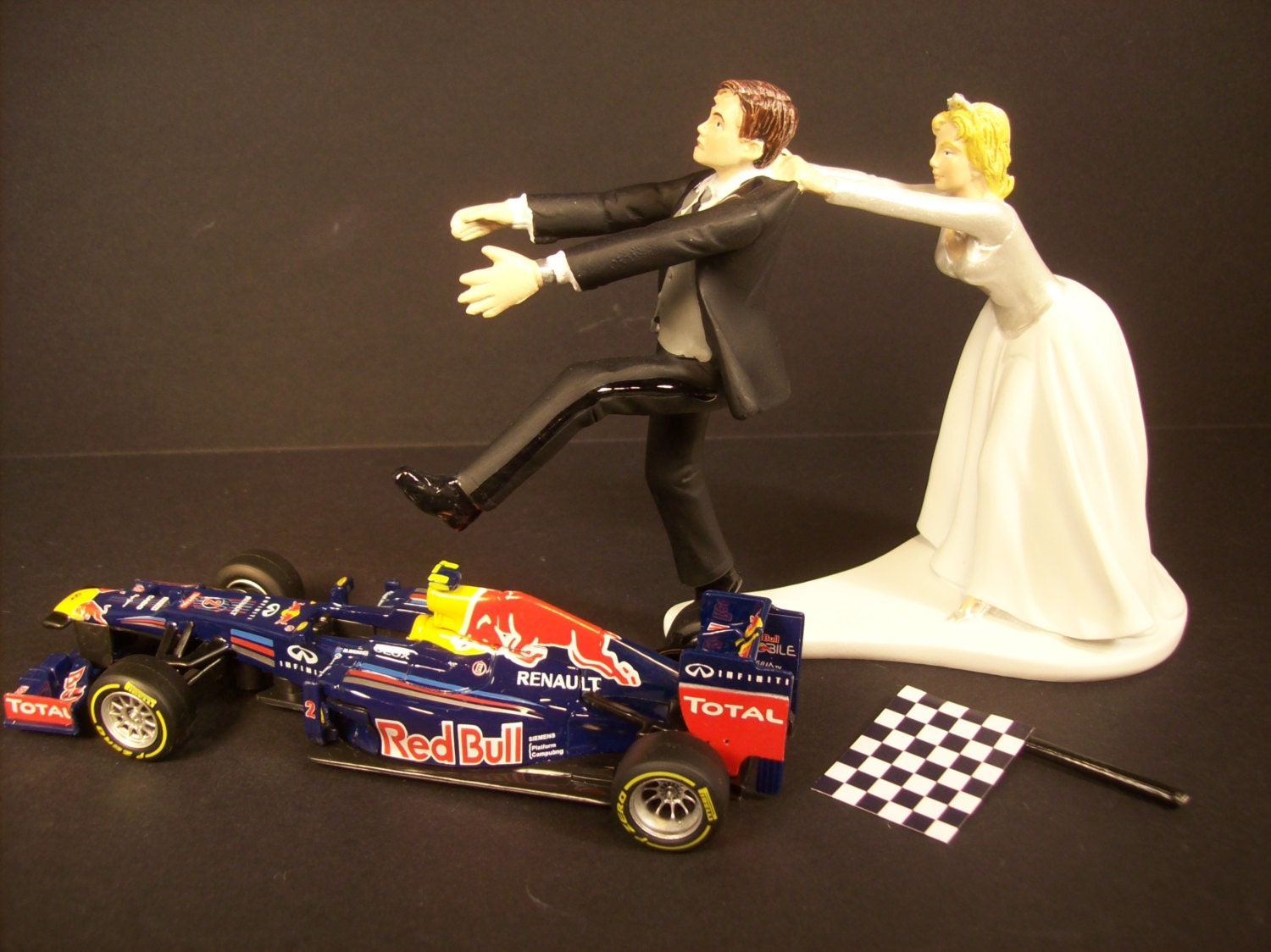 toppers wedding cake formula 1 FORMULA Red Racing Bride Bull back Die Cast Flag and ONE Come