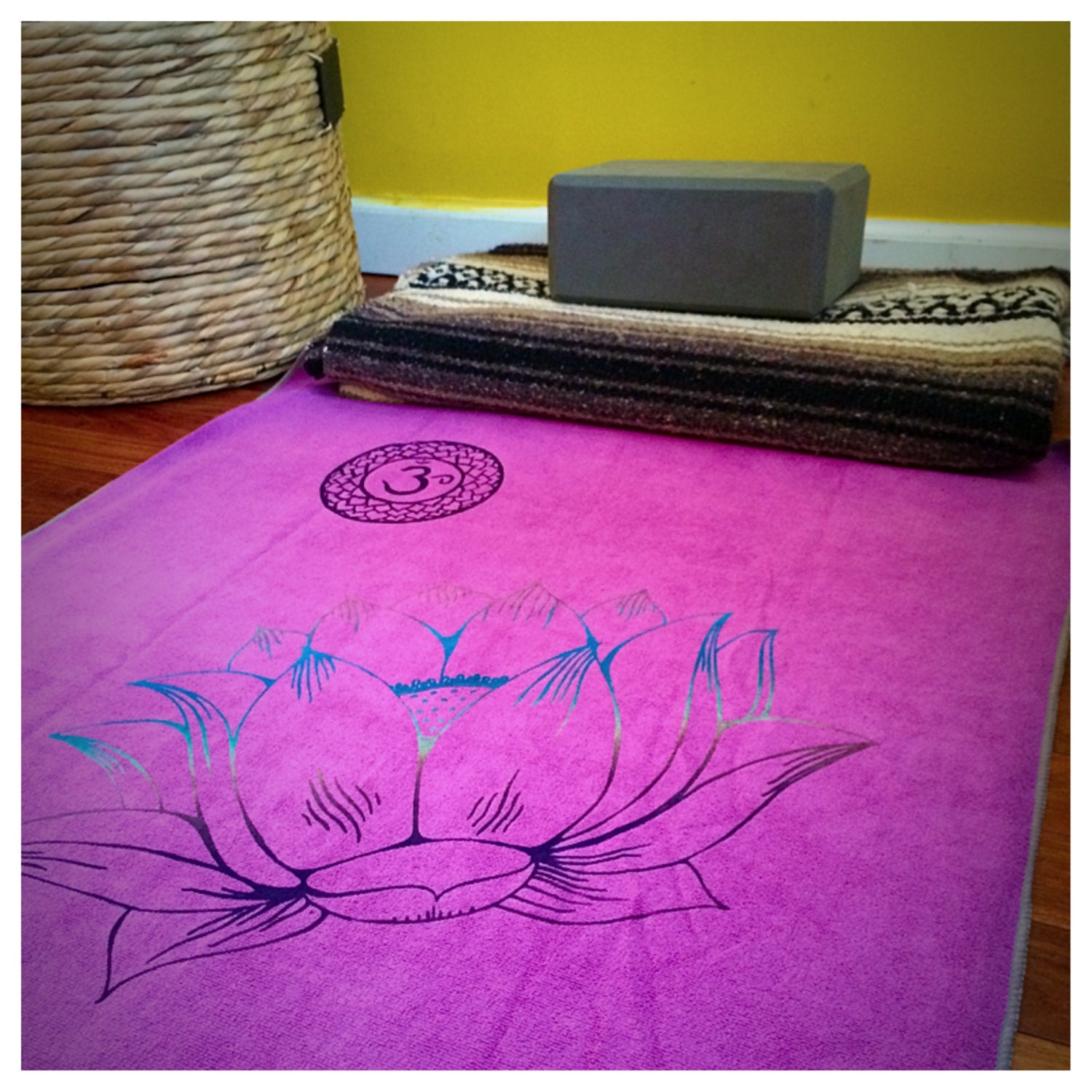 Lotus Flower Yoga Mat Towel with Om symbols and Hearts