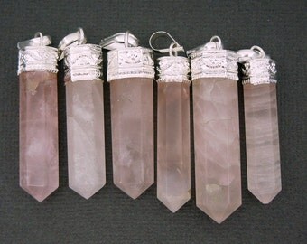 Rose Quartz Pendant Silver plated Bail-- Pencil Point Pendant (S27B15-02)