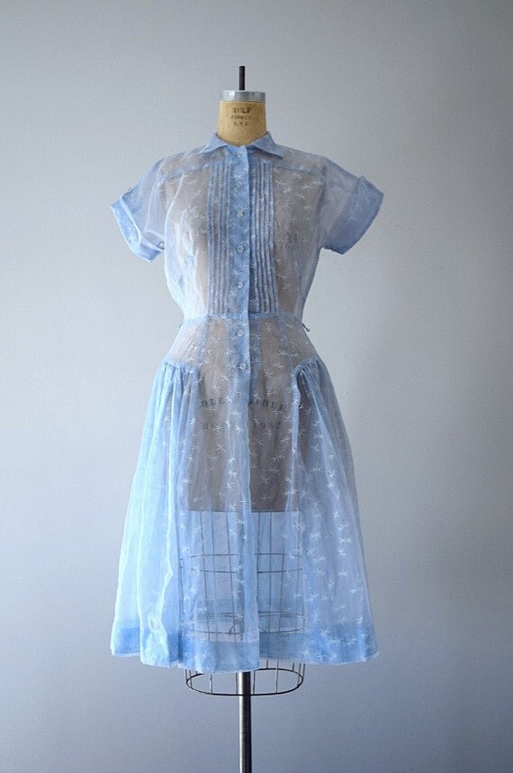 Vintage dragonfly print dress . sheer 1950s dress